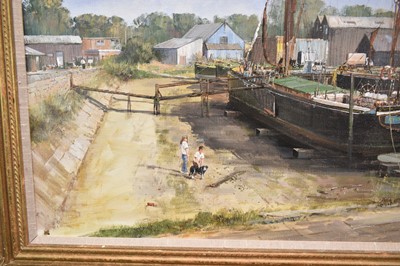 Lot 940 - *Clive Madgwick (1939-2005) oil on canvas - Ethel May, Mistley Docks, 1987, signed, 61cm x 91cm, in gilt frame