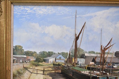 Lot 940 - *Clive Madgwick (1939-2005) oil on canvas - Ethel May, Mistley Docks, 1987, signed, 61cm x 91cm, in gilt frame