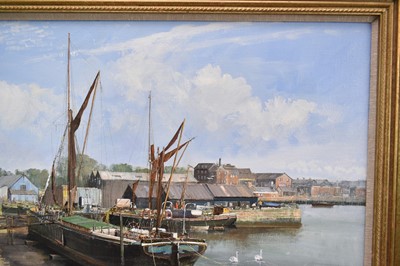 Lot 940 - *Clive Madgwick (1939-2005) oil on canvas - Ethel May, Mistley Docks, 1987, signed, 61cm x 91cm, in gilt frame