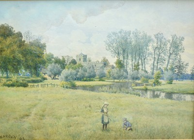 Lot 1037 - Garden Fraser (1856-1921) watercolour - children in a meadow, a church beyond, signed and dated '02, 19cm x 27cm, in glazed gilt frame