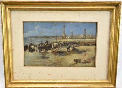 Lot 925 - Norwich School, 19th century, oil on board - Great Yarmouth Beach, 12.5cm x 20cm, in glazed gilt frame