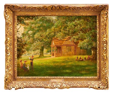 Lot 927 - William Edward Pepper (1857-1934) oil on board - 'The Cabmans Shelter' Christchurch Park, Ipswich, notes verso, 23cm x 30.5cm, in gilt frame