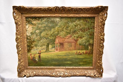 Lot 927 - William Edward Pepper (1857-1934) oil on board - 'The Cabmans Shelter' Christchurch Park, Ipswich, notes verso, 23cm x 30.5cm, in gilt frame