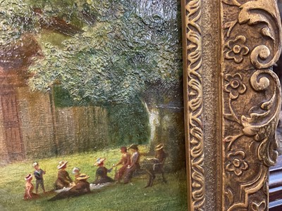 Lot 927 - William Edward Pepper (1857-1934) oil on board - 'The Cabmans Shelter' Christchurch Park, Ipswich, notes verso, 23cm x 30.5cm, in gilt frame