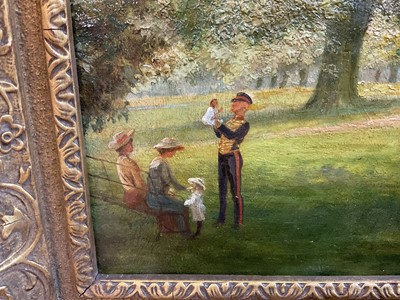 Lot 927 - William Edward Pepper (1857-1934) oil on board - 'The Cabmans Shelter' Christchurch Park, Ipswich, notes verso, 23cm x 30.5cm, in gilt frame