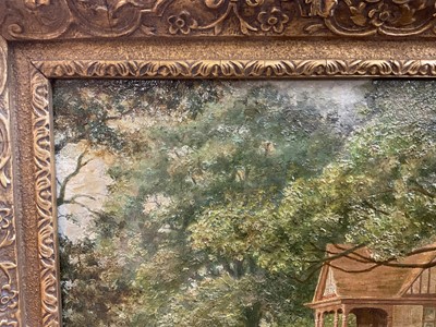 Lot 927 - William Edward Pepper (1857-1934) oil on board - 'The Cabmans Shelter' Christchurch Park, Ipswich, notes verso, 23cm x 30.5cm, in gilt frame
