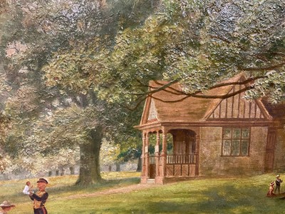 Lot 927 - William Edward Pepper (1857-1934) oil on board - 'The Cabmans Shelter' Christchurch Park, Ipswich, notes verso, 23cm x 30.5cm, in gilt frame