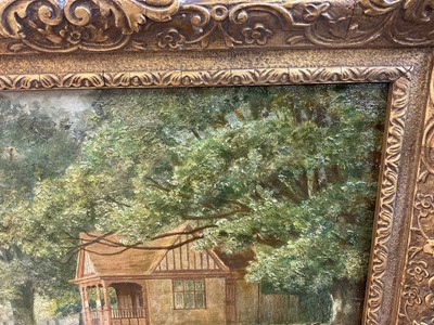 Lot 927 - William Edward Pepper (1857-1934) oil on board - 'The Cabmans Shelter' Christchurch Park, Ipswich, notes verso, 23cm x 30.5cm, in gilt frame