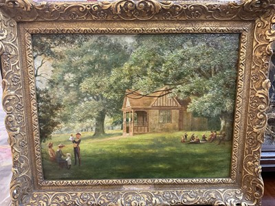 Lot 927 - William Edward Pepper (1857-1934) oil on board - 'The Cabmans Shelter' Christchurch Park, Ipswich, notes verso, 23cm x 30.5cm, in gilt frame