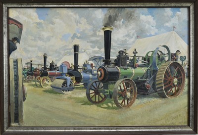 Lot 1021 - Charles Clifford Turner (1920-2018) two oils on board, Traction Engines, signed, 49.5cm x 74.5cm and 47.5cm x 75cm, framed (2)