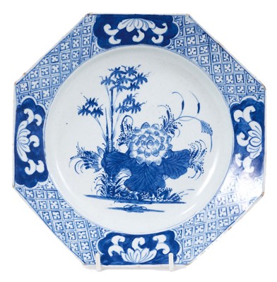 Lot 36 - A Bow octagonal blue and white plate, circa 1758