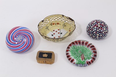 Lot 733 - An 18th century enamel counter tray, a gilt metal box and three glass paperweights