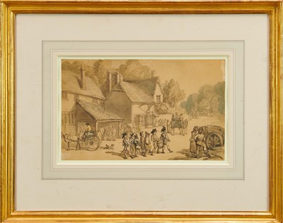 Lot 1343 - Thomas Rowlandson (1756-1827) pencil, pen and ink and watercolour - 'Enlisting Recruits', 23cm x 37cm, in glazed gilt frame