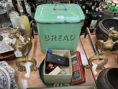 Lot 615 - Enamel bread bin, Rolex spoon, coins cutlery and sundries