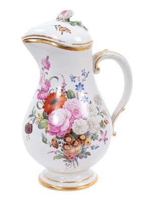 Lot 30 - A Nymphenburg baluster shaped jug and cover, finely painted with flowers, circa 1780