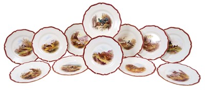 Lot 98 - A set of twelve Royal Worcester plates, printed and painted with game birds, retailers marks for James Green and Nephew, London, marks for circa 1903