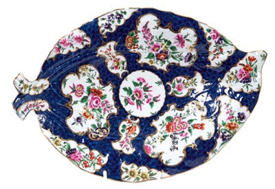 Lot 93 - A Worcester large blue scale ground cabbage leaf shaped dish, circa 1770