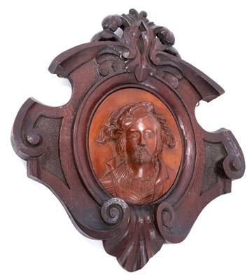 Lot 709 - William Shakespeare interest: 19th century carved Mulberry wood relief of William Shakespeare