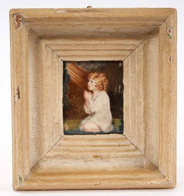 Lot 978 - Late 19th/early 20th century miniature watercolour on ivory after Sir Joshua Reynolds, Infant Samuel, in white painted period frame.