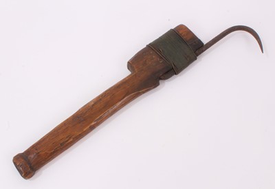 Lot 710 - 19th century or earlier Fishing Gaff hook with wooden handle and metal strapping securing an iron hook.