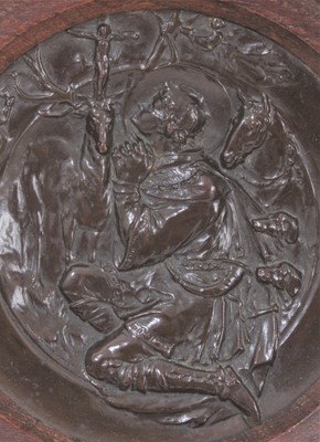 Lot 708 - Walter Gilbert, Bromsgrove Guild of Handicrafts, Arts and Crafts bronze plaque depicting a religious scene of St Hubert, mounted in a wooden frame