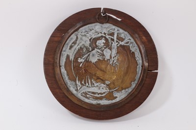 Lot 708 - Walter Gilbert, Bromsgrove Guild of Handicrafts, Arts and Crafts bronze plaque depicting a religious scene of St Hubert, mounted in a wooden frame