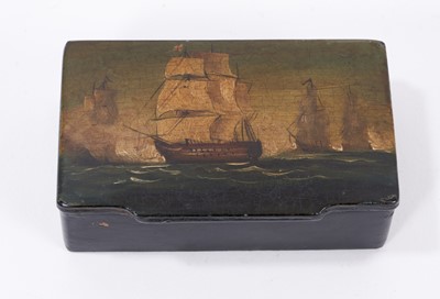 Lot 700 - Victorian papier mâché snuff box decorated with Naval battleships