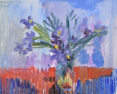 Lot 900 - Annelise Firth (b.1961) oil on canvas - Still Life Irises, signed, titled and dated 2023 verso, 61cm x 76cm