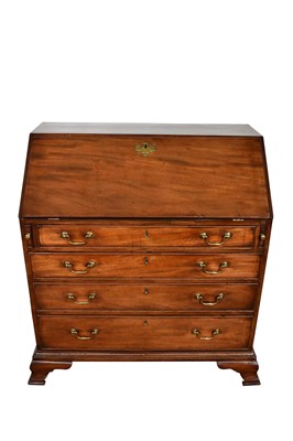 Lot 1053 - George III mahogany bureau, with well fitted stepped interior of pigeon holes and short drawers about central stellar inlaid cupboard, having four long drawers on ogee bracket feet, 94cm wide x 54c...