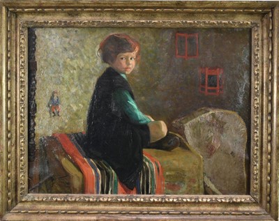 Lot 1495 - Miss Hope Joseph, early 20th century, oil on canvas - Interior scene with a seated child, label verso with title 'Morning Sunlight', 46cm x 61cm, framed