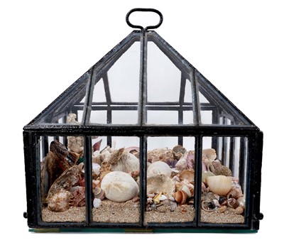 Lot 1126 - Antique iron garden cloche housing a collection of sea shells