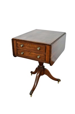 Lot 1056 - Regency mahogany needlework table, with drop leaf top and two end opposing drawers, the upper drawer fitted with writing slide and compartments, raised on turned column and swept tripod base on bra...