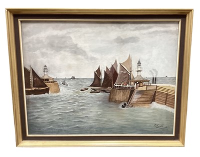 Lot 908 - H Friedlands, watercolour, pier head scene off Gorleston pier, signed and dated 1915, 47 x 62cm, glazed frame 
Provenance: The Angela Kay Collection.