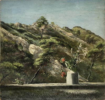 Lot 244 - David Hill (1914-1977), egg tempera on board, 'Hill, honey-suckle and grasshopper', signed and dated 1956, 54 x 56cm