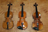 Lot 2747 - Three old violins - one stamped - Stainer and...