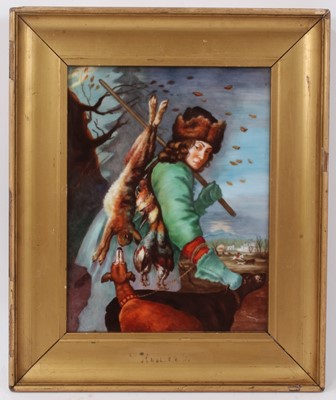 Lot 25 - 19th century hand painted porcelain plaque after Joachim Von Sandrart’s ‘November’, mounted in gilt frame with label ‘J. Davey 8a Church Lane Liverpool’ verso, plaque 19 x 25.5cm