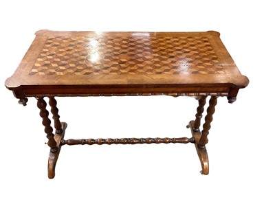 Lot 1079 - Victorian walnut and parquetry inlaid stretcher table, with tumbling block inlaid top on bobbin turned supports and sledge bases on castors, 90cm wide x 47cm deep x 66cm high