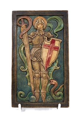 Lot 43 - Arts & Crafts Compton Potters' Arts Guild wall plaque painted in tempera, depicting St George, with impressed maker's marks to reverse, 17.8 x 10.5cm