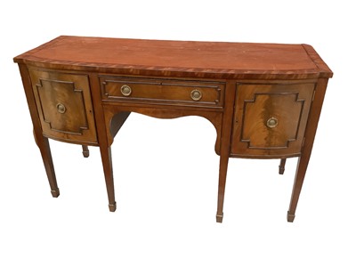 Lot 1101 - Late 19th/early 20th century mahogany bow front sideboard, with frieze drawer flanked by twin cupboards, on square tapered legs and spade feet, 153cm wide x 59cm deep x 91cm high