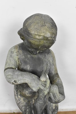 Lot 1114 - Antique lead garden sculpture, in the form of a putto with dove, on square integral plinth, 74cm high