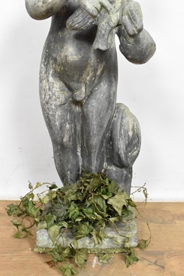 Lot 1114 - Antique lead garden sculpture, in the form of a putto with dove, on square integral plinth, 74cm high