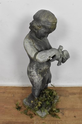 Lot 1114 - Antique lead garden sculpture, in the form of a putto with dove, on square integral plinth, 74cm high