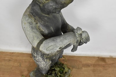 Lot 1114 - Antique lead garden sculpture, in the form of a putto with dove, on square integral plinth, 74cm high