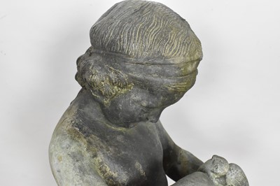 Lot 1114 - Antique lead garden sculpture, in the form of a putto with dove, on square integral plinth, 74cm high