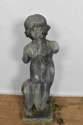 Lot 1114 - Antique lead garden sculpture, in the form of a putto with dove, on square integral plinth, 74cm high