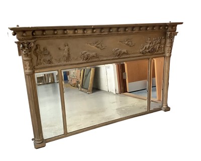 Lot 1116 - Regency style gilt gesso overmantel mirror, with ball applied cornice and classical frieze over three bevelled plates, 152 x 87cm