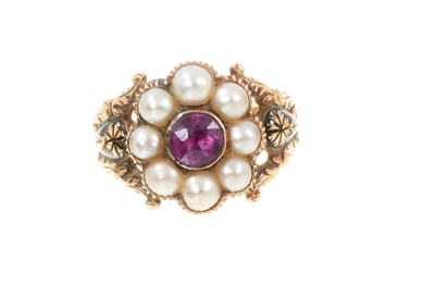 Lot 437 - Regency gold mourning ring with a central amethyst surrounded by eight half pearls, the foliate shoulders with black enamel decoration