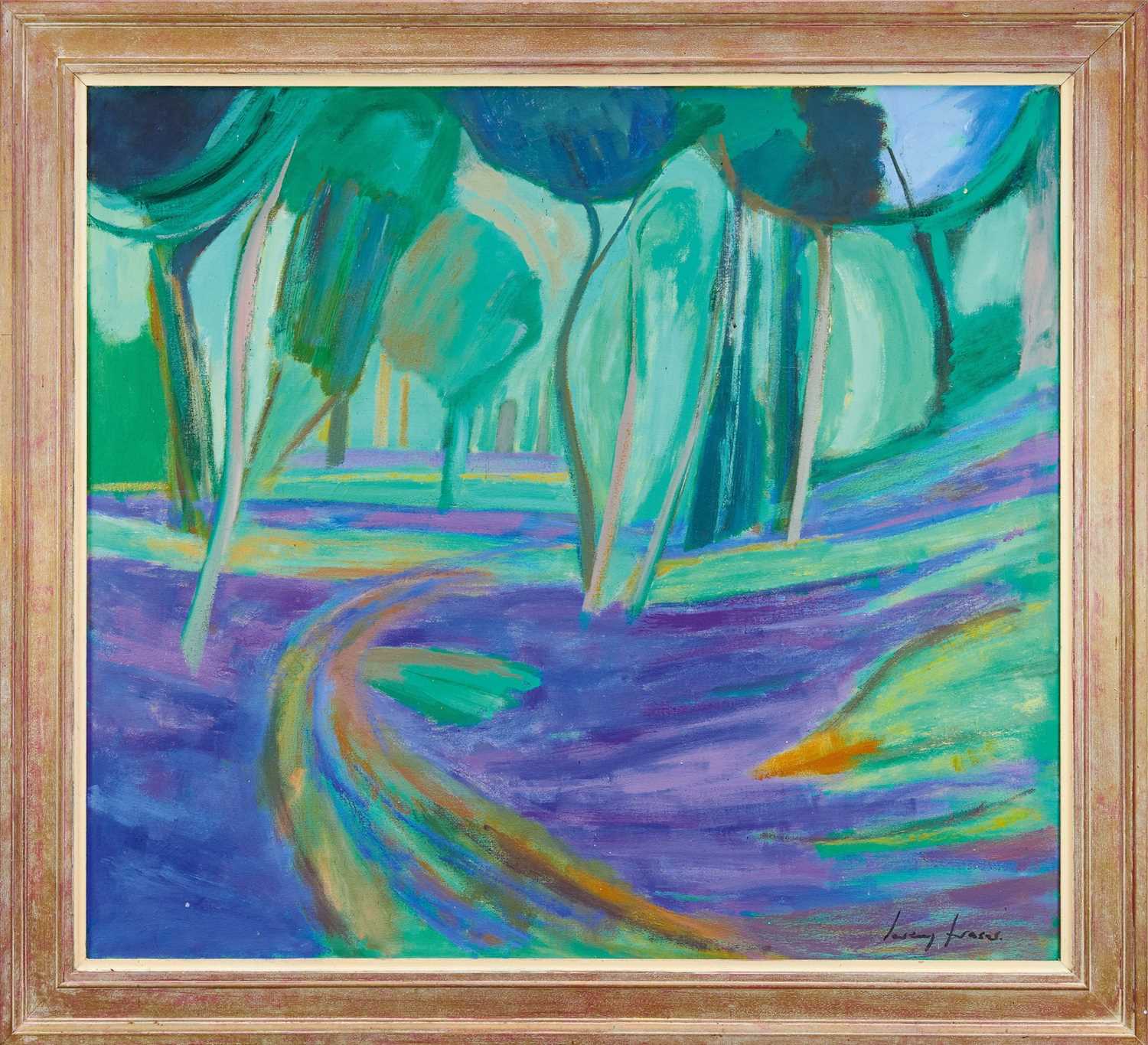 Lot 824 - Jeremy Fraser (b.1941) oil on canvas - Spring Woods Freston, circa 2000, signed, titled verso, 93cm x 102cm, framed