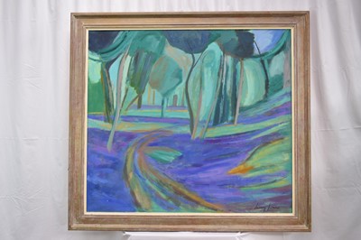 Lot 824 - Jeremy Fraser (b.1941) oil on canvas - Spring Woods Freston, circa 2000, signed, titled verso, 93cm x 102cm, framed