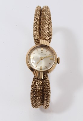 Lot 558 - 1960s ladies 9ct gold Hamilton wristwatch with 17 jewel manual-wind movement, in circular gold case with integral gold mesh ribbon style bracelet, sponsors marks DS&S, hallmarked London 1962. Case...